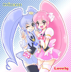  2girls aino_megumi black_thighhighs blue_background blue_bow blue_eyes blue_hair blue_skirt blush boots bow brooch character_name commentary_request crown crown_bow cure_lovely cure_princess earrings english_text gold_crown gradient_background hair_ornament happinesscharge_precure! happy heart heart_brooch heart_hair_ornament jewelry long_hair looking_at_viewer magical_girl multiple_girls one_eye_closed open_mouth pink_background pink_bow pink_eyes pink_hair pink_skirt pointed_crown polka_dot polka_dot_background ponytail precure puffy_sleeves satou_ramune shirayuki_hime shirt skirt smile thigh_boots thighhighs thighs twintails v wide_ponytail wrist_cuffs zettai_ryouiki 