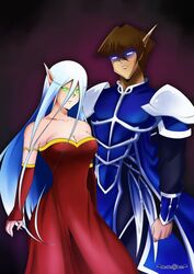  1boy armlet armor bare_shoulders blood_elf blue_armor blue_eyes breasts brown_hair cleavage clenched_hand collarbone commission cosplay crossover detached_sleeves dress elf female glowing glowing_eyes green_eyes hair_between_eyes high_elf kaiba_seto kisara large_breasts light_blue_hair long_hair looking_at_viewer mouhitorinoboku neck parted_lips pointy_ears red_detached_sleeves red_dress short_hair spaulders standing strapless strapless_dress warcraft world_of_warcraft wow yu-gi-oh! 