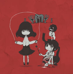  2girls black_hair commentary_request jump_rope konohana_saku long_hair monoe monoko monster_girl multiple_girls school_uniform shirt short_sleeves skirt spade_(shape) twintails yume_nikki 