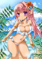  bad_id bad_pixiv_id beach bikini breasts cleavage commentary_request female flower hair_flower hair_ornament hibiscus highres large_breasts long_hair original outdoors pink_hair purple_eyes side_ponytail solo swimsuit towel white_bikini yoroi_nau 