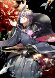  1boy air_bubble animal armor artist_name black_background blue_eyes bubble chrysanthemum commentary_request eyeliner fish flower gmkz goldfish japanese_armor japanese_clothes kasen_kanesada looking_at_another makeup male_focus open_mouth purple_hair simple_background smile solo tassel touken_ranbu wide_sleeves 