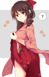  ? bad_id bad_pixiv_id blush bow brown_hair cherry_blossoms commentary_request cowboy_shot drill_hair female hairbow hakama hakama_skirt harukaze_(kancolle) japanese_clothes kantai_collection kimono long_hair looking_at_viewer meiji_schoolgirl_uniform pink_kimono red_bow red_eyes red_hakama sameya skirt smile solo speech_bubble spoken_question_mark thighs twin_drills two-tone_background 