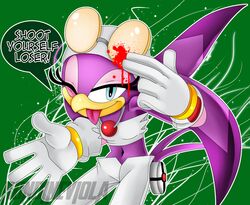  anthro avian bandana beak bird blood blue_eyes bodily_fluids bracelet clothed clothing english_text eyelashes eyewear feathers female frutiger_metro glasses gloves handwear hirundinid jewelry kerchief looking_at_viewer navel necklace oscine passerine purple_body purple_feathers rondineviola sega solo sonic_riders sonic_the_hedgehog_(series) swallow_(bird) text tongue tongue_out watermark wave_the_swallow y2k_(graphic_design) 