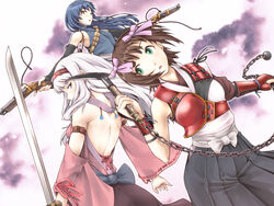  3girls amami_haruka antique_firearm armband armor back bare_shoulders brown_eyes brown_hair chains commentary_request detached_sleeves doku_hebi firelock gauntlets gun handgun idolmaster idolmaster_(classic) kisaragi_chihaya kusarigama long_hair looking_back matchlock multiple_girls open_mouth photoshop_(medium) scythe shijou_takane short_hair sickle smile sword trigger_discipline weapon 