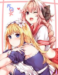  1boy androgynous astolfo_(fate) astolfo_(sailor_paladin)_(fate) blonde_hair blue_eyes blush braid chevalier_d&#039;eon_(fate) chevalier_d&#039;eon_(maid_knight)_(fate) commentary_request fate/apocrypha fate/grand_order fate_(series) female flower genderswap_(otf) hair_flower hair_intakes hair_ornament hair_ribbon interlocked_mars_and_venus_symbols kaerunoko long_hair maid maid_headdress mars_symbol official_alternate_costume one_eye_closed open_mouth otoko_no_ko pink_hair purple_eyes ribbon rule_63 single_braid smile venus_symbol 