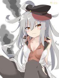  breasts commentary female flat_cap gangut_(kancolle) grey_hair hat highres jacket kantai_collection large_breasts long_hair looking_at_viewer military military_hat military_jacket military_uniform oktyabrskaya_revolyutsiya_(kancolle) orange_eyes pantyhose red_shirt shirt simple_background sinhiro-san smoke solo torn_clothes uniform white_background 