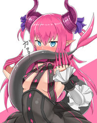  black_dress blue_eyes blush breasts commentary_request dragon_tail dress elizabeth_bathory_(fate) elizabeth_bathory_(fate/extra_ccc) elizabeth_bathory_(first_ascension)_(fate) fate/extra fate/extra_ccc fate/grand_order fate_(series) female hair_between_eyes holding_own_tail horns long_hair looking_at_viewer pink_hair pointy_ears purple_ribbon ribbon simple_background small_breasts solo tail tail_on_face tail_raised upper_body yuzu_kiro 