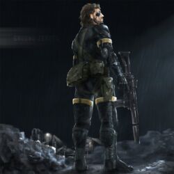  1boy beard belt_pouch big_boss bodysuit brown_hair commentary_request eyepatch facial_hair fanny_pack gun imoten male_focus metal_gear_(series) metal_gear_solid_v:_ground_zeroes metal_gear_solid_v:_the_phantom_pain pouch rain sneaking_suit solo submachine_gun suppressor trigger_discipline weapon wet 