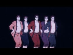  5boys animated animated black_background dancing gintama hasegawa_taizou lowres multiple_boys multiple_persona sunglasses 