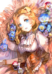  animal_ears ascot blonde_hair blue_eyes blue_flower blue_gemstone blue_pansy bracelet braid breasts brooch brown_skirt center_frills commentary_request corset cross-laced_clothes dog_ears female floating_hair flower frills gem hands_up highres jewelry lace-trimmed_shirt lace-trimmed_sleeves lace_trim long_hair looking_at_viewer open_mouth orange_skirt original pansy photoshop_(medium) puffy_short_sleeves puffy_sleeves purple_flower red_flower rioka_(southern_blue_sky) shirt short_hair_with_long_locks short_sleeves side_braid skirt skirt_hold solo tassel twin_braids w_arms white_ascot white_background white_shirt yellow_flower 