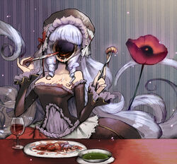  alcohol breasts commentary_request cup detached_sleeves dress drill_hair drinking_glass drooling dual_persona eating faceless faceless_female female flower fork granblue_fantasy hands_up hat holding holding_fork holding_knife hole_in_face horror_(theme) knife light_purple_hair long_hair oneiros_(granblue_fantasy) phoebe_(granblue_fantasy) plate poppy_(flower) purple_hair sakutake_(ue3sayu) skinny small_breasts solo spoilers strapless strapless_dress very_long_hair wallpaper_(object) wine wine_glass 