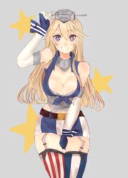  american_flag_legwear asymmetrical_legwear bare_shoulders belt blonde_hair blue_eyes breasts cleavage commentary_request elbow_gloves female fingerless_gloves front-tie_top garter_straps gloves grin highres iowa_(kancolle) kantai_collection large_breasts long_hair looking_at_viewer miniskirt mismatched_legwear open_mouth skirt smile solo star-shaped_pupils star_(symbol) striped_clothes striped_skirt striped_thighhighs symbol-shaped_pupils tagicrabbu thighhighs vertical-striped_clothes vertical-striped_skirt vertical-striped_thighhighs zettai_ryouiki 