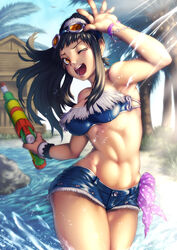  ;d abs bandeau bare_shoulders beach black_hair blurry bracelet brown_eyes building commentary_request cutoffs day denim denim_shorts depth_of_field eyelashes female fringe_trim goggles goggles_on_head happy jewelry kuroshio_(zung-man) long_hair midriff navel one_eye_closed open_mouth original outdoors palm_tree ponytail rock scrunchie short_shorts shorts sidelocks sky smile solo strapless sunlight super_soaker teeth thighs toned tongue tree unworn_bandana wading wince wristband 