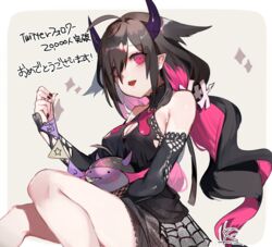  ahoge bags_under_eyes bare_shoulders black_hair black_nails breasts cleavage cleavage_cutout clothing_cutout commentary_request demon_girl demon_horns fangs fangs_out female flag hair_between_eyes hair_over_one_eye horns legs long_hair looking_at_viewer miniskirt monmon_(yamiyono_moruru) multicolored_hair nail_polish nijisanji pink_hair pointy_ears red_eyes skirt sleeves_past_wrists solo string_of_flags two-tone_hair virtual_youtuber yamiyono_moruru yamiyono_moruru_(2nd_costume) ysk_(yusuke) 