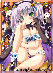  argyle_background bad_id bad_pixiv_id bat_wings bra breasts capelet cleavage cloak female green_eyes grey_hair halloween happy_halloween high_heels large_breasts long_hair original panties solo star_(symbol) twintails underwear wings yoroi_nau 