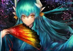  aqua_hair commentary fate/grand_order fate_(series) female hand_fan highres horns japanese_clothes kaze_minoru_so-ru kiyohime_(fate) long_hair smile solo yellow_eyes 