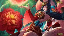  absurdly_long_fingernails ahri_(league_of_legends) alternate_costume animal_ears aqua_nails artist_name bare_shoulders black_hair braid chinese_commentary citemer commentary_request copyright_name detached_sleeves dress energy_ball facial_mark female fingernails flower fox_ears fox_tail hair_ornament league_of_legends long_fingernails long_hair looking_at_viewer looking_back multiple_tails peony_(flower) petals photoshop_(medium) red_eyes red_flower sharp_fingernails short_dress side_braid solo tail thighhighs very_long_fingernails whisker_markings 