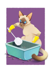  2018 ambiguous_gender blue_eyes blue_sclera cleaning clothing digital_media_(artwork) dipstick_tail domestic_cat felid feline felis fur gloves handwear holding_object humor litter_box mammal markings multicolored_tail nude purple_background siamese signature simple_background solo tail tail_markings tan_body tan_fur toilet_brush vaporotem whiskers work_gloves yellow_clothing yellow_gloves yellow_handwear 