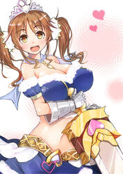  :d alternate_costume bare_shoulders blush breasts brown_eyes brown_hair cleavage commentary_request detached_sleeves female gaichi granblue_fantasy heart idolmaster idolmaster_cinderella_girls jewelry large_breasts looking_at_viewer open_mouth short_hair skirt smile solo sword tiara totoki_airi twintails weapon 