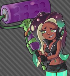  2017 animal_humanoid bare_shoulders cephalopod cephalopod_humanoid clothing dark_body dark_skin electronics female fingerless_gloves george_costanza_reaction_face gloves green_eyes half-closed_eyes handwear headphones humanoid ishygddt jacket marina_(splatoon) marine marine_humanoid markings meme midriff mole_(marking) mollusk mollusk_humanoid narrowed_eyes navel nesh nintendo octarian octoling parody pseudo_hair reaction_image seinfeld smile solo splat_roller splatoon suction_cup tentacle tentacle_hair topwear weapon 