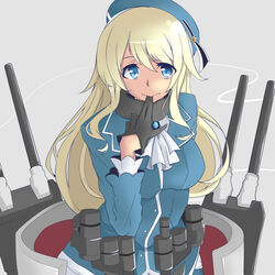  atago_(kancolle) bad_id bad_pixiv_id biting blonde_hair blue_eyes commentary_request female glove_biting gloves hat kantai_collection long_hair looking_at_viewer machinery solo suu2510 turret 