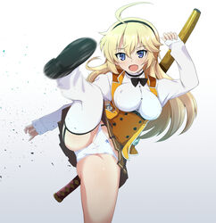  ahoge arm_up ass black_bow black_footwear black_hairband blonde_hair blue_eyes blush bow bow_panties breasts brown_skirt commentary_request dress_shirt female garter_straps hair_between_eyes hairband heart heart-shaped_pupils katana kicking kohagura_ellen large_breasts long_hair long_sleeves looking_at_viewer motion_blur open_mouth osafune_girls_academy_school_uniform ouhashi panties pinching_sleeves pleated_skirt school_uniform sheath sheathed shirt shoe_soles skirt sleeves_past_wrists solo standing standing_on_one_leg sword symbol-shaped_pupils thighhighs toji_no_miko underwear very_long_hair weapon weapon_on_back white_panties white_shirt white_thighhighs 