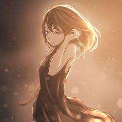  arm_up black_dress blurry bokeh commentary_request depth_of_field dress female hand_in_own_hair long_hair original sleeveless smile solo sunlight tokumaru 