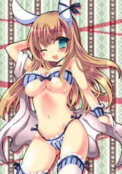  animal_ears bad_id bad_pixiv_id bra breasts brown_hair commentary_request female green_eyes large_breasts long_hair navel one_eye_closed original panties rabbit_ears smile solo underwear white_legwear yoroi_nau 