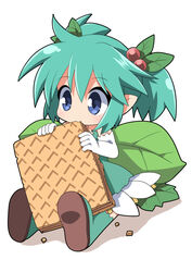  bare_shoulders blue_eyes blush boots commentary_request dress eating elbow_gloves female food gloves green_dress green_footwear green_hair green_thighhighs hair_between_eyes hair_ornament holding holding_food konoha_(shinrabanshou) leaning_forward mini_person minigirl osaragi_mitama shadow shinrabanshou sidelocks sitting solo strapless strapless_dress thigh_boots thighhighs twintails wafer white_background white_gloves 