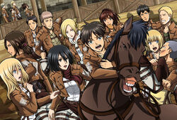  6+boys 6+girls animal annie_leonhart armin_arlert bertolt_hoover commentary_request emblem eren_yeager erwin_smith everyone fence hange_zoe highres horse horseback_riding jacket jean_kirstein krista_lenz levi_(shingeki_no_kyojin) long_sleeves marco_bott meiyaku mikasa_ackerman mike_zakarius multiple_boys multiple_girls official_style open_clothes open_jacket outdoors paradis_military_uniform reiner_braun riding road sasha_blouse shade shingeki_no_kyojin short_hair straddling street teeth three-dimensional_maneuver_gear training_corps_(emblem) uniform village wall ymir_(shingeki_no_kyojin) 