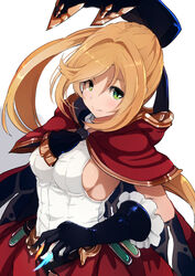  arm_at_side ascot belt black_ascot black_gloves breasts brown_hair cape clarisse_(granblue_fantasy) closed_mouth commentary_request cowboy_shot elbow_gloves female frilled_gloves frills gloves granblue_fantasy green_eyes hair_intakes hair_ornament long_hair looking_at_viewer medium_breasts opanchu_(hakusen) ponytail red_cape red_skirt shirt sideboob skirt smile solo swept_bangs tareme test_tube very_long_hair white_shirt 