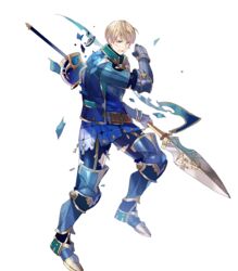  1boy armor belt blonde_hair broken_armor clive_(fire_emblem) commentary_request fire_emblem fire_emblem_echoes:_shadows_of_valentia fire_emblem_heroes full_body gauntlets highres holding holding_weapon looking_away male_focus mole mole_under_mouth official_art one_eye_closed polearm purple_eyes scar solo spear tobi_(kotetsu) torn_clothes transparent_background weapon 