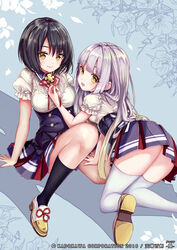  2girls all_fours ass black_hair black_legwear blonde_hair blue_skirt breasts brown_eyes commentary_request company_name copyright_notice dutch_angle fingernails frilled_sleeves frills gradient_hair grey_hair hair_between_eyes high-waist_skirt kadokawa kashuu_kiyomitsu_(tenka_hyakken) kiku_ichimonji_norimune kneehighs long_hair medium_breasts multicolored_hair multiple_girls official_art photoshop_(medium) pisuke pleated_skirt puffy_short_sleeves puffy_sleeves school_uniform shirt shoe_soles shoes short_sleeves skirt socks tenka_hyakken thighhighs very_long_hair watermark white_footwear white_legwear white_shirt 