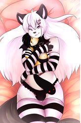  akukun anthro arctic_fox arm_warmers armwear bracelet bulge canid canine clothed clothing collar femboy fluffy fox fur hi_res jewelry jujubeeluv legwear male mammal neonbluh panties purple_eyes solo stripes thigh_highs true_fox underwear wide_hips 