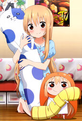  2girls absurdres barefoot blonde_hair blush brown_eyes dakimakura_(object) doma_umaru dual_persona highres himouto!_umaru-chan hugging_object kneeling komaru_(himouto!_umaru-chan) long_hair multiple_girls nekoronbusu non-web_source nyantype official_art pajamas pillow pillow_hug poster_(object) scan smile 