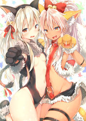  2girls animal_ears animal_hands bell black_leotard blonde_hair bow breasts cat_ears cat_tail chloe_von_einzbern chloe_von_einzbern_(beast_style) collar commentary_request dark-skinned_female dark_skin fake_animal_ears fate/kaleid_liner_prisma_illya fate_(series) fur_collar fur_trim gloves hair_bell hair_between_eyes hair_ornament hair_ribbon hairbow illyasviel_von_einzbern illyasviel_von_einzbern_(beast_style) jingle_bell leotard long_hair looking_at_viewer multiple_girls navel no_panties oerba_yun_fang official_alternate_costume open_mouth paw_gloves pink_hair red_bow red_collar red_eyes red_ribbon ribbon small_breasts smile sune_(mugendai) tail tail_bell tail_ornament tail_ribbon thigh_strap yellow_eyes 