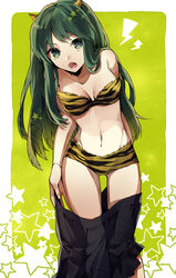  animal_print bikini breasts cleavage commentary_request female green_eyes green_hair horns long_hair lum medium_breasts oerba_yun_fang skirt solo swimsuit tiger_print undressing urusei_yatsura wonoco0916 