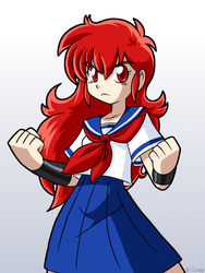  clenched_hands commentary_request female long_hair magami_eiko project_a-ko red_eyes red_hair robert_j_case school_uniform serafuku skirt solo vambraces 