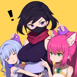  3girls animal_ears ayame_(gundam_build_divers) black_hair blue_hair blush breast_envy breast_poke breasts cat_ears cat_tail commentary dress elbow_gloves gamuo gloves green_eyes gundam gundam_build_divers hair_intakes japanese_clothes large_breasts light_blue_hair long_hair mask momo_(gundam_build_divers) mouth_mask multiple_girls ninja ninja_mask pink_hair poking ponytail purple_eyes sara_(gundam_build_divers) scarf sleeveless sleeveless_dress tail white_dress yashiro_momoka 