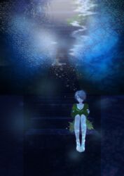  absurdres air_bubble barefoot black_hair blue_eyes bubble commentary_request crossed_arms female hair_over_one_eye highres milky_way_(mirukii) sad self_hug shirt short_hair sitting sleeves_past_wrists solo stairs underwater yomika yume_graffiti 