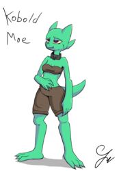  2018 5_fingers anthro belly belly_rub biped bottomwear breasts claws clothed clothing collar digital_media_(artwork) eating english_text feet female fingers green_body hi_res internetguy123 kobold kobold_adventure moe_(kobold_adventure) non-mammal_breasts purple_eyes scalie shorts simple_background smile solo standing text toe_claws toes 