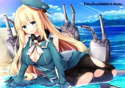  atago_(kancolle) beach blonde_hair blue_eyes blush breasts commentary day female gloves hat kaho_okashii kantai_collection large_breasts long_hair looking_at_viewer ocean outdoors pantyhose sand solo torn_clothes torn_pantyhose water watermark wet 