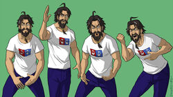  1boy ahoge arm_up artist_name beard black_hair clenched_hand commentary denim edward_teach_(fate) edward_teach_(final_ascension)_(fate) english_commentary facial_hair fate/grand_order fate_(series) green_background highres jamrolypoly jeans just_do_it_(meme) male_focus meme mixed-language_commentary moustache pants parody shia_labeouf shirt white_shirt 