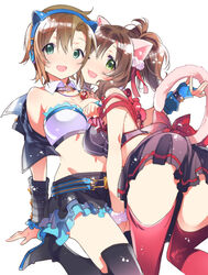  2girls :3 :d ;3 ;d animal_ears asterisk_(idolmaster) bad_id bad_pixiv_id bandeau breasts brown_hair cat_ears cat_tail cleavage collar fake_animal_ears green_eyes hairband idolmaster idolmaster_cinderella_girls kasuga_souichi maekawa_miku medium_breasts midriff multiple_girls navel oerba_yun_fang one_eye_closed open_mouth over_the_collar_(idolmaster) ponytail red_legwear short_hair skirt smile tada_riina tail thighhighs 