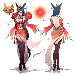  absurdly_long_fingernails ahri_(league_of_legends) alternate_costume animal_ears anklet aqua_nails artist_name ass bare_back bare_shoulders black_hair braid breasts chinese_commentary citemer cleavage commentary_request detached_sleeves dress energy_ball facial_mark female fingernails flower fox_ears fox_tail hair_ornament jewelry large_breasts league_of_legends long_fingernails long_hair multiple_views necklace peony_(flower) petals photoshop_(medium) red_eyes red_flower sharp_fingernails short_dress side_braid tail thighhighs tiptoes toeless_legwear toes turnaround very_long_fingernails very_long_hair whisker_markings 