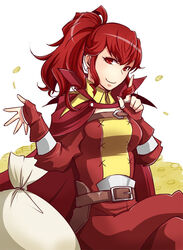  anna_(fire_emblem) bad_id bad_pixiv_id breasts cape commentary_request female fingerless_gloves fire_emblem fire_emblem_awakening gloves long_hair medium_breasts ponytail red_eyes red_hair shougayaki_(kabayaki_3) smile solo 