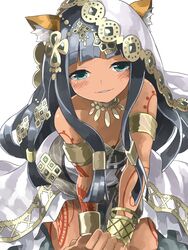  all_fours animal_ears armlet bare_shoulders bastet_(p&amp;d) black_hair blue_eyes blunt_bangs blush bracelet bridal_veil cat_ears commentary_request dark-skinned_female dark_skin dress female highres jewelry long_hair mosamune puzzle_&amp;_dragons smile solo strapless strapless_dress tattoo veil white_dress 