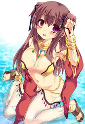  bad_id bad_pixiv_id breasts brown_hair commentary_request female gypsy_(ragnarok_online) large_breasts long_hair midriff navel ragnarok_online red_eyes solo twintails water wet yoroi_nau 