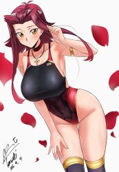  armlet ass_visible_through_thighs black_one-piece_swimsuit black_thighhighs blush breasts brown_eyes commentary_request commission competition_swimsuit dated dutch_angle falling_petals feet_out_of_frame female hand_up highleg highleg_one-piece_swimsuit highres izayoi_aki jewelry large_breasts looking_at_viewer necklace one-piece_swimsuit parted_lips pendant petals pixiv_commission red_hair red_one-piece_swimsuit rose_petals short_hair_with_long_locks signature solo standing swimsuit thigh_gap thighhighs two-tone_one-piece_swimsuit white_background yoo_tenchi yu-gi-oh! yu-gi-oh!_5d&#039;s 