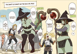  1boy blonde_hair breasts brown_eyes colored_skin elf english_text female female_orc gloves green_skin hat highres large_breasts long_hair muffin_top navel orc original plump pointy_ears role_reversal sweatdrop sword tall_female thick_arms thighhighs uru_(uru0000) weapon witch_hat 